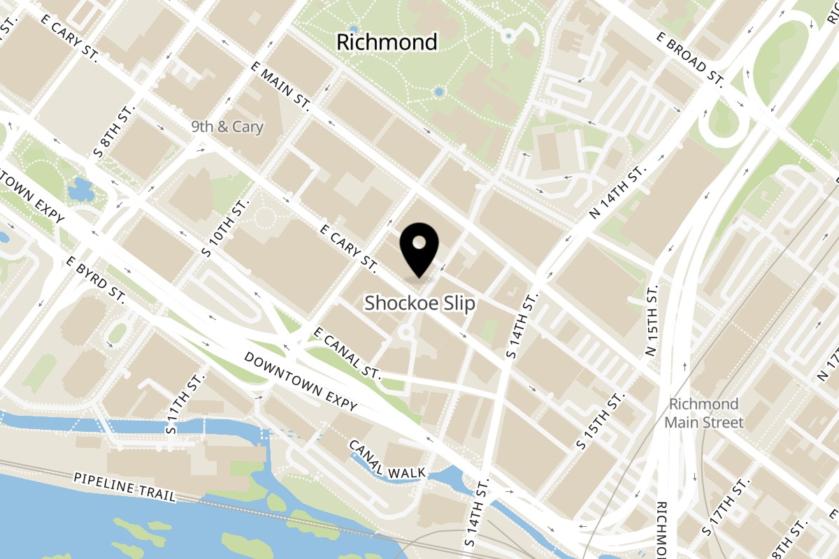 Map showing the location of Kin-D Thai kitchen on 1218 E Cary St in Richmond
